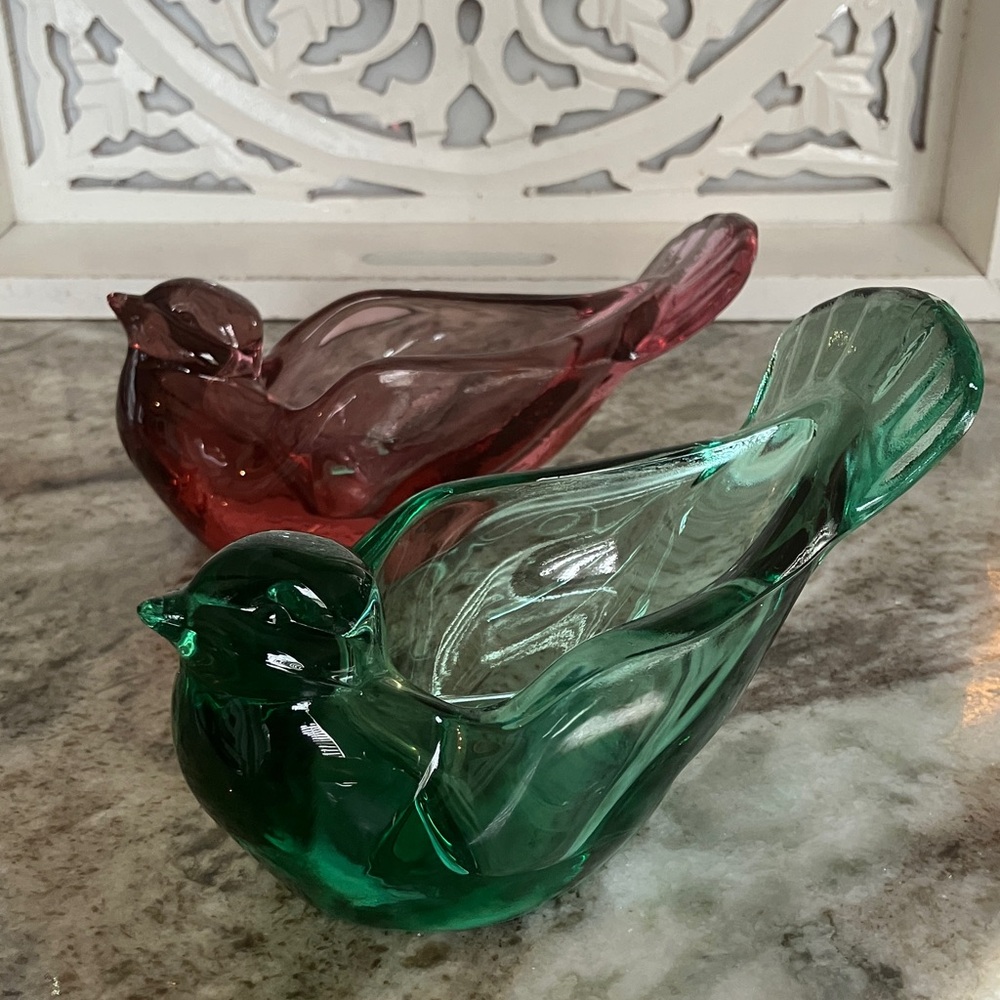 Vintage Fenton Art Glass Green & Red Glass Bird Figurines/Tea Light Holders 2 pc - Picture 2 of 11